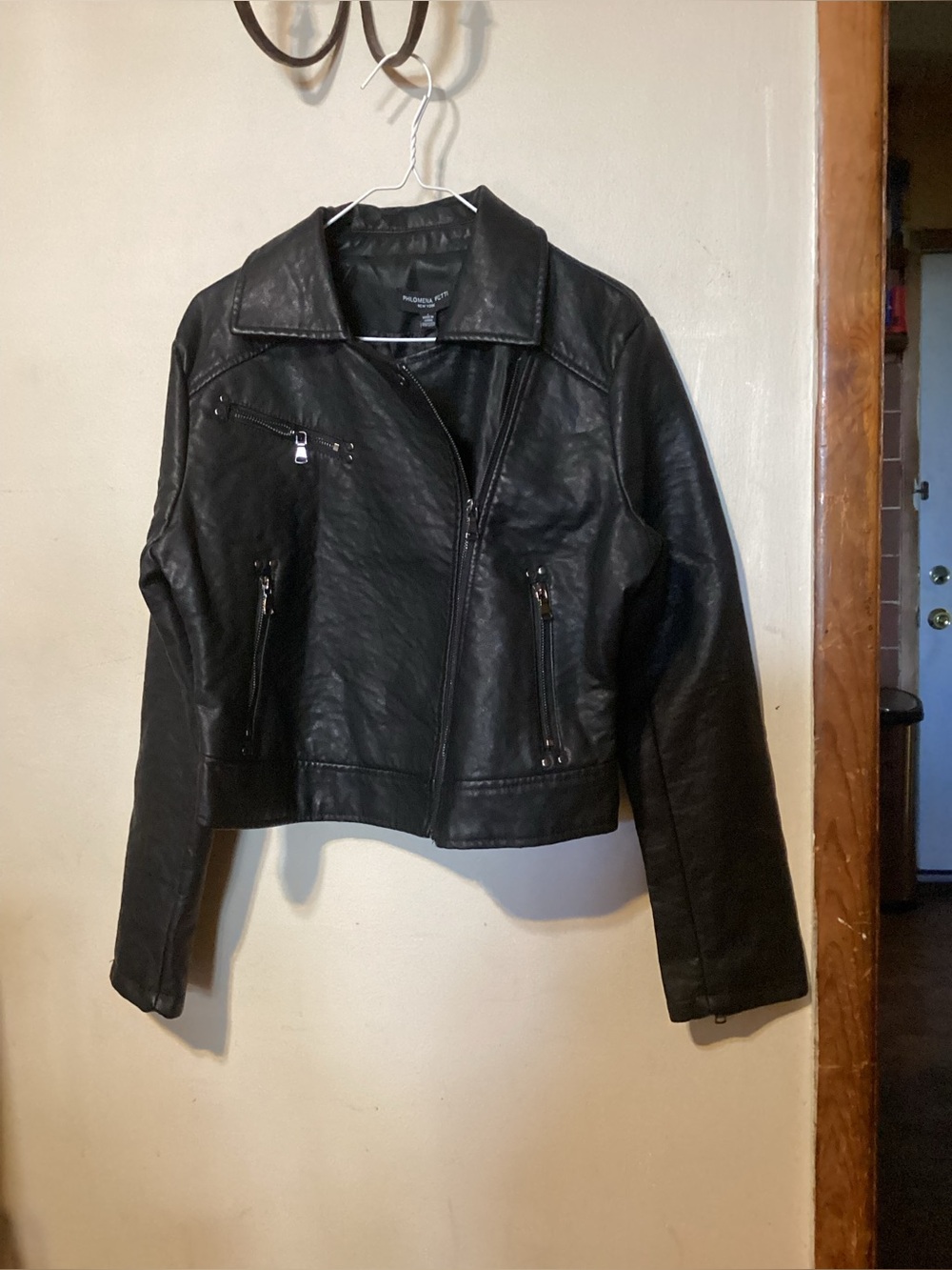 Philomena Petti NY Black Hammered Texture Faux Leather Moto Jacket NWT Size L